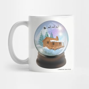 Snow Globe Santa and Reindeer Flying Over A Winter Cabin Mug